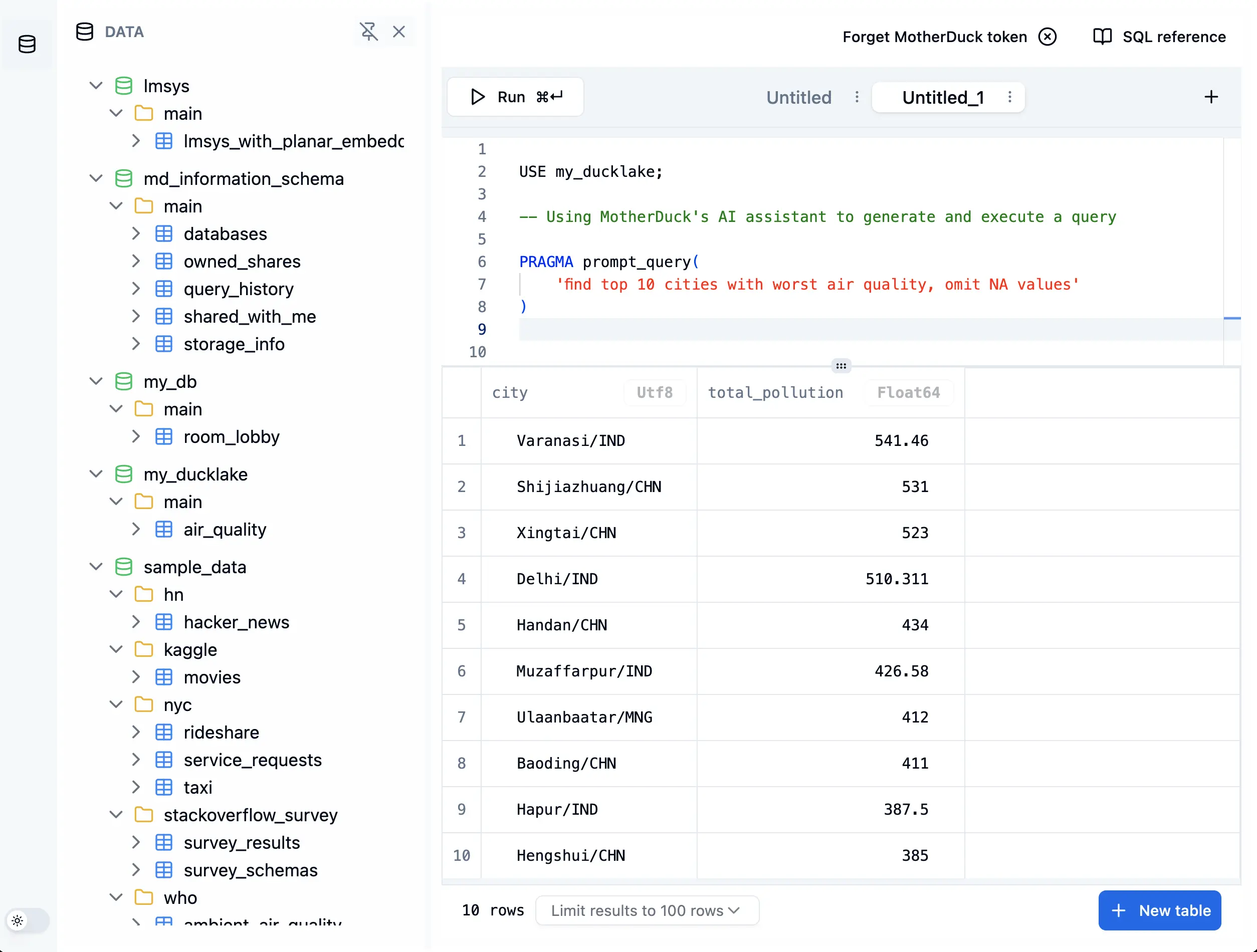 SQLRooms MotherDuck Cloud Query example